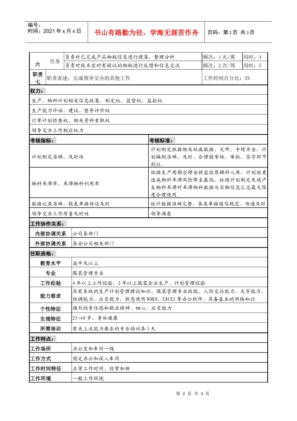某服装生产企业计划主管职位说明书_第2页