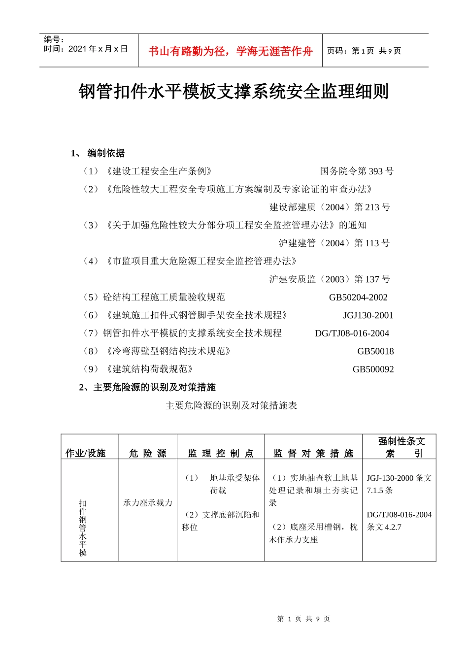 钢管扣件水平模板支撑系统安全监理细则_第1页