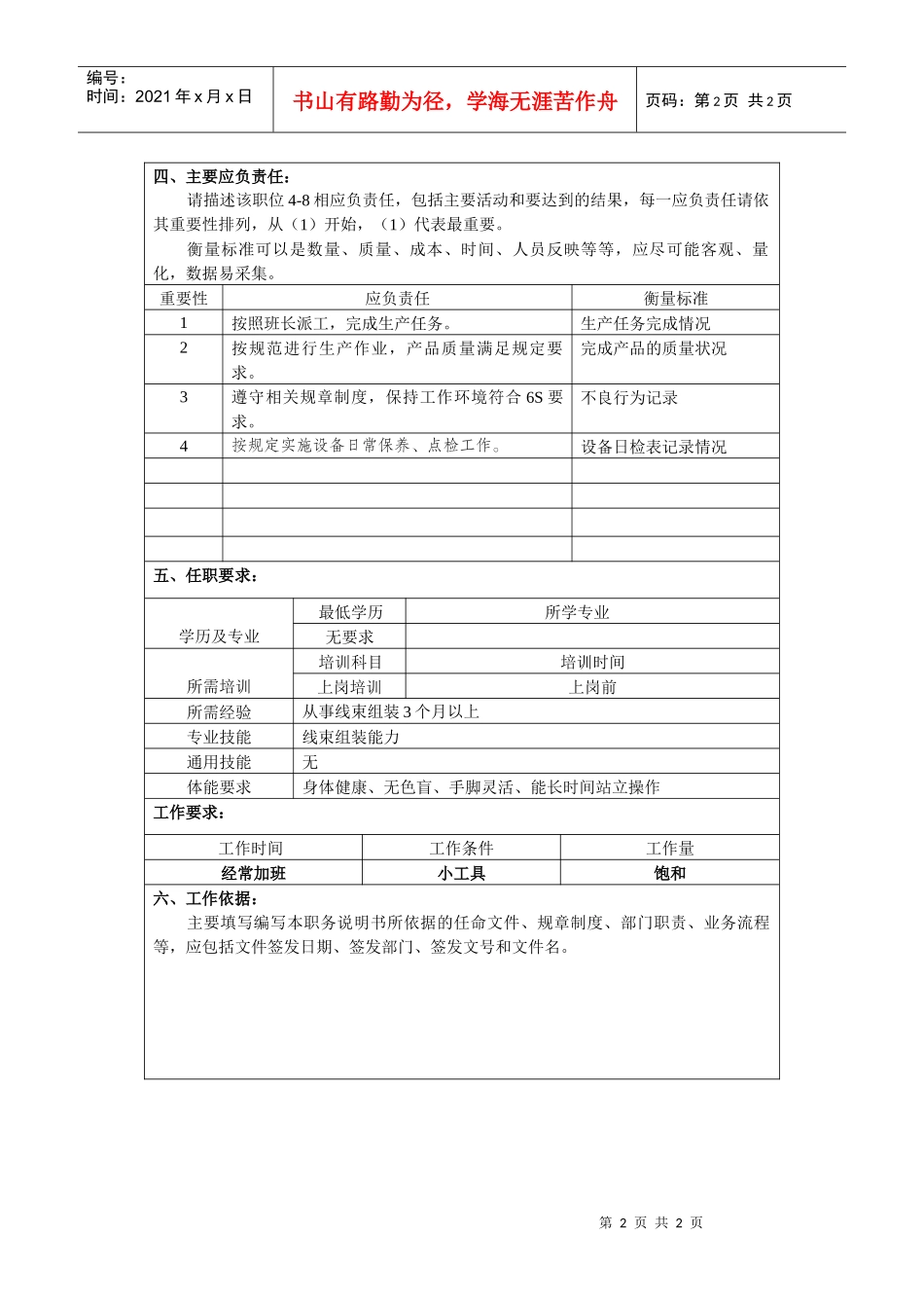 某大型汽车零部件公司总装车间包装工职位说明书_第2页