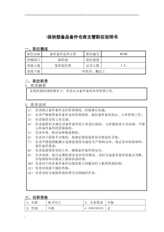 钢铁行业-保供部-备品备件仓库主管岗位说明书