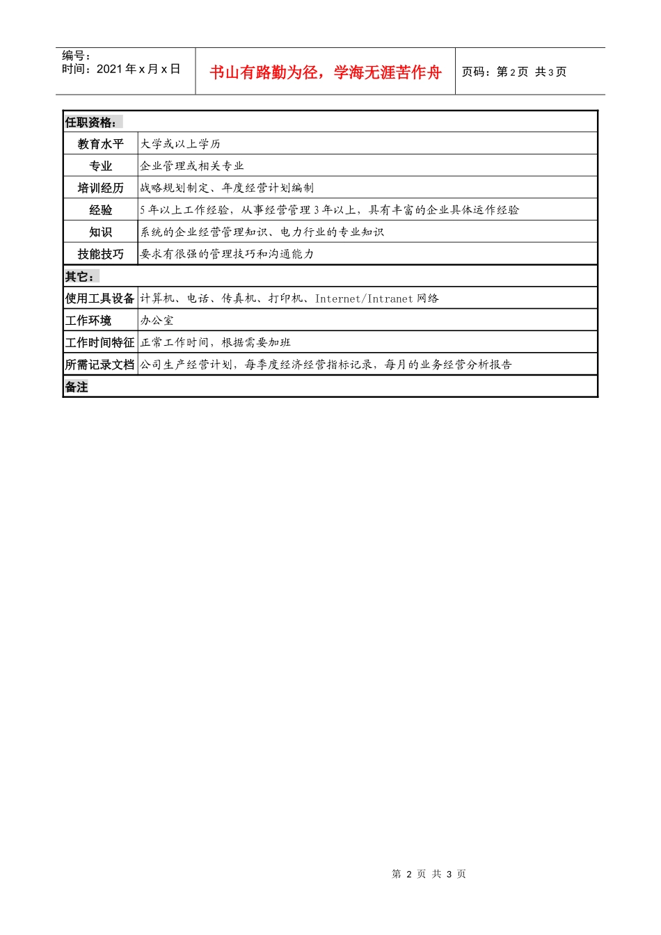 某发电企业综合计划部生产经营计划职务说明书_第2页