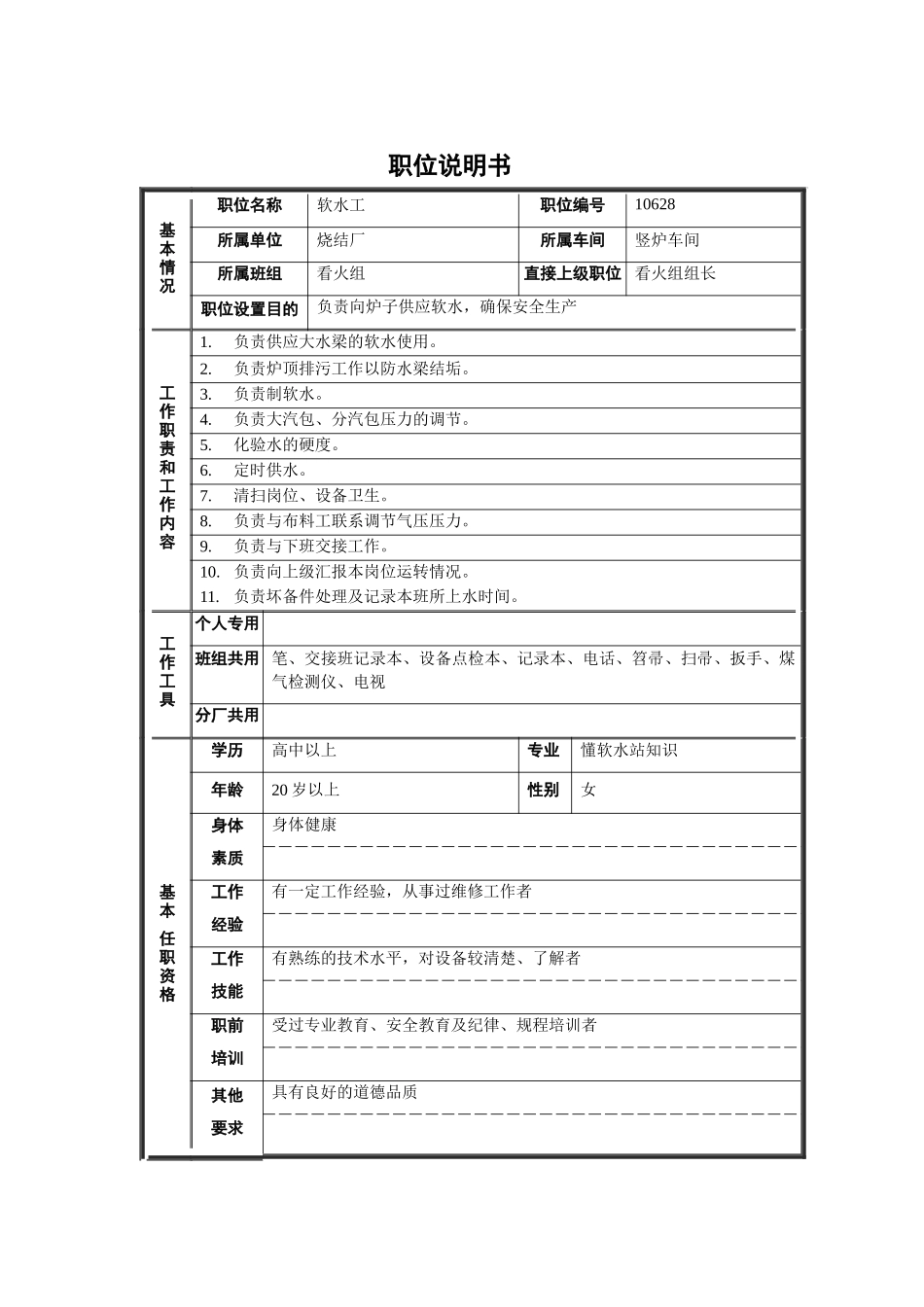 烧结厂竖炉车间看火组软水工职位说明书_第1页