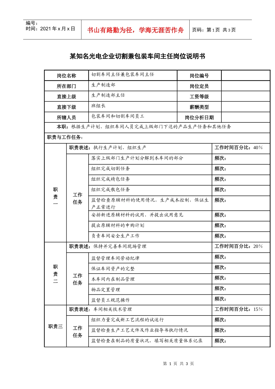 某知名光电企业切割兼包装车间主任岗位说明书._第1页