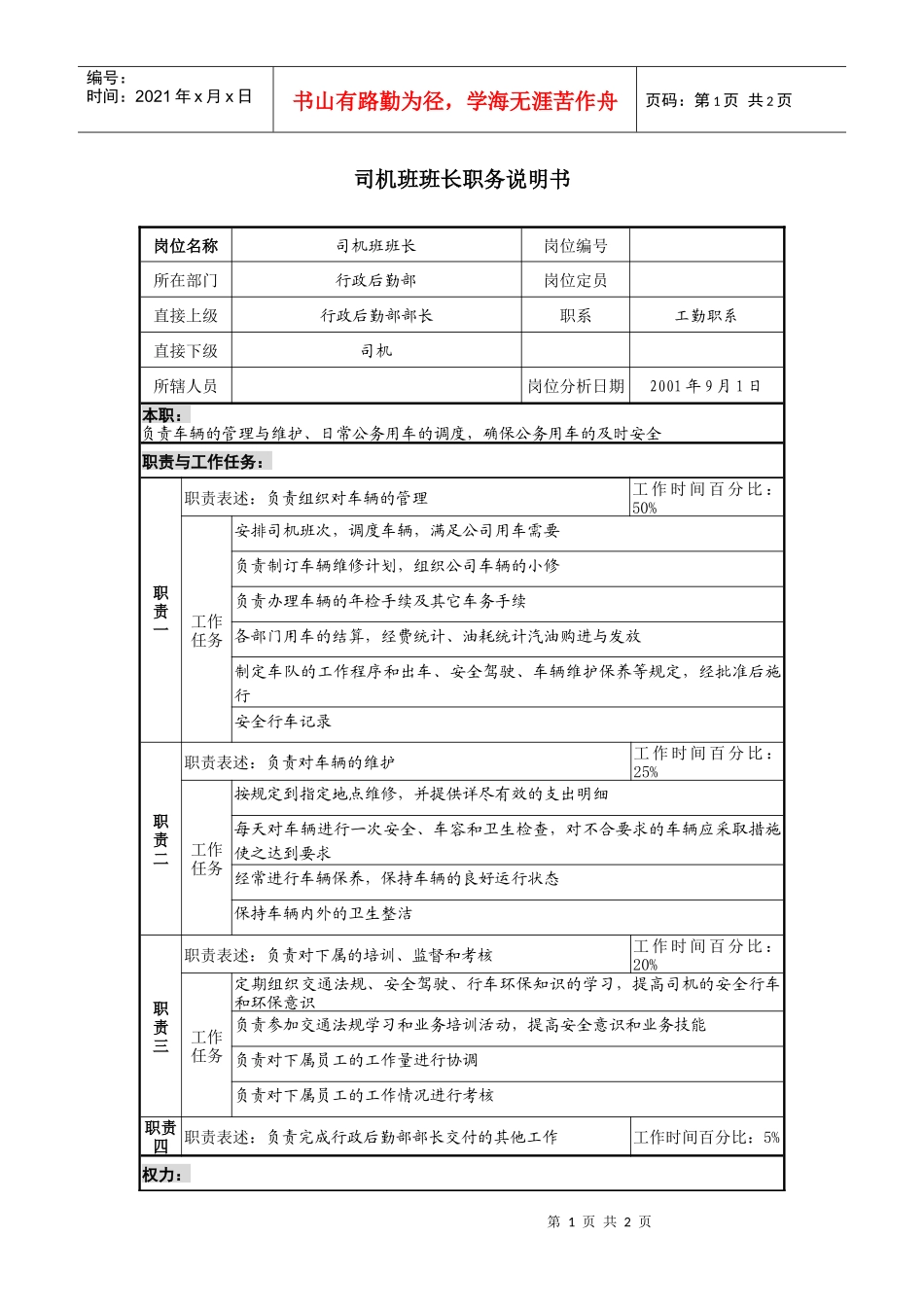 司机班班长职务说明书_第1页