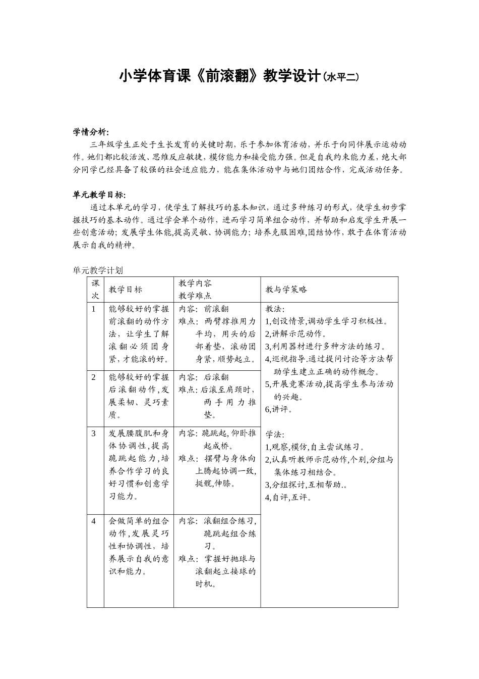 小学体育课前滚翻教学设计(水平二) (2)_第2页