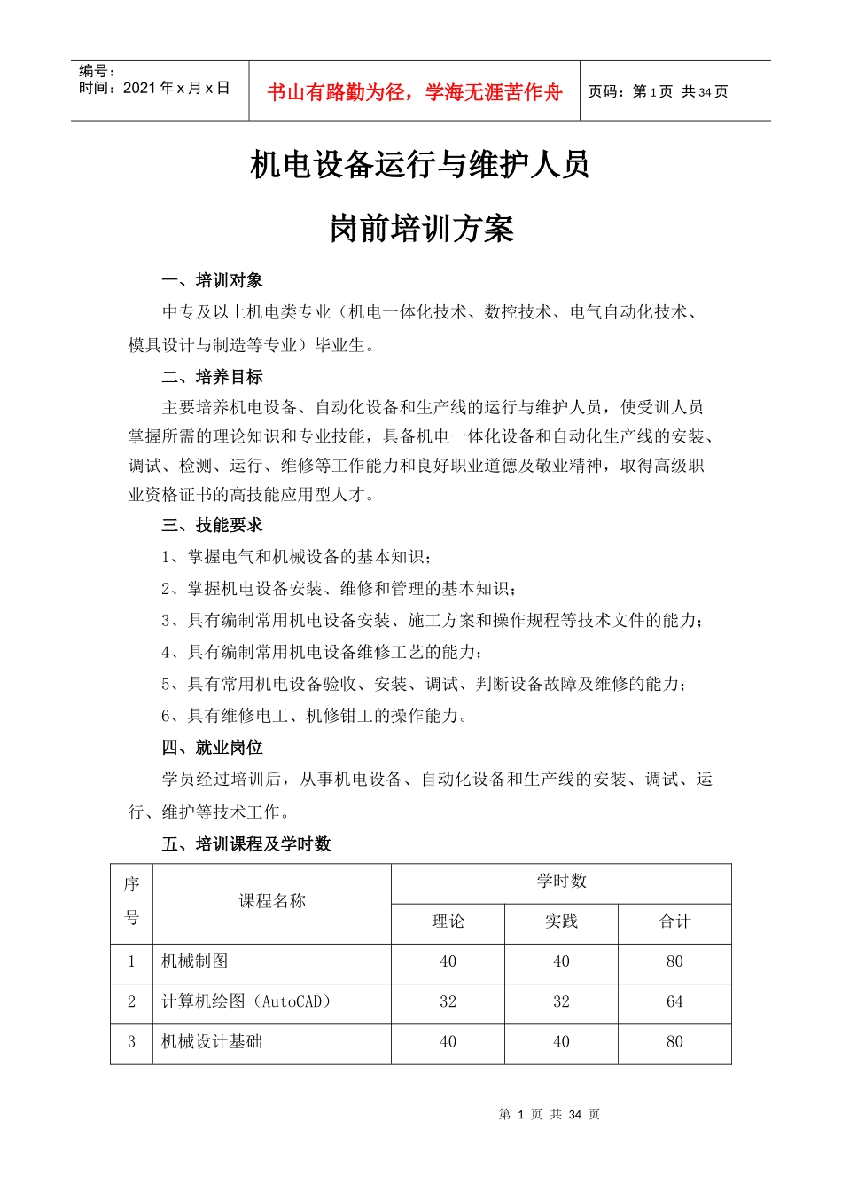 机电设备运行与维护人员培训方案_第1页