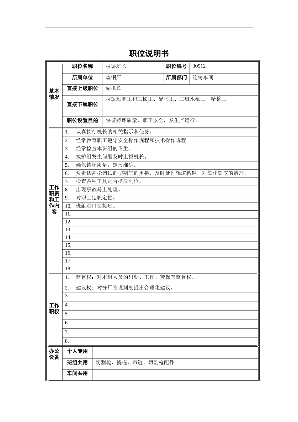 炼钢厂拉矫班长职位说明书_第1页