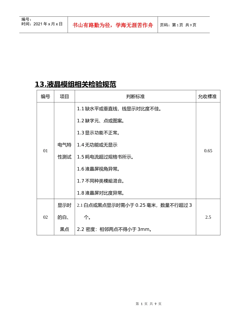液晶模组相关检验标准_第1页