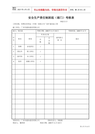 安全生产责任制班组（部门）考核表(DOC10页)