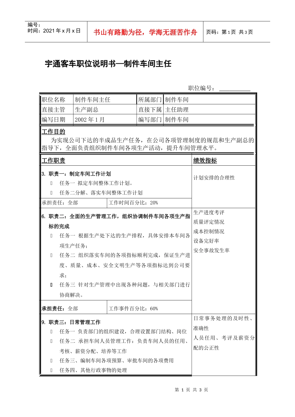 职位说明书-制件车间主任_第1页