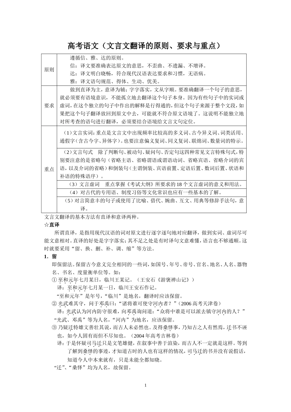 （语文）高考语文（文言文翻译的原则、要求与重点）_第1页