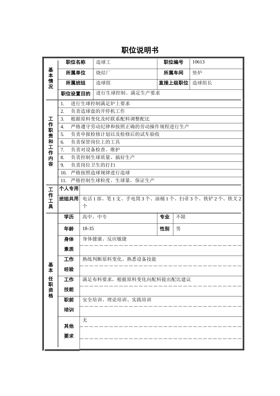 烧结厂竖炉车间造球组造球工职位说明书_第1页