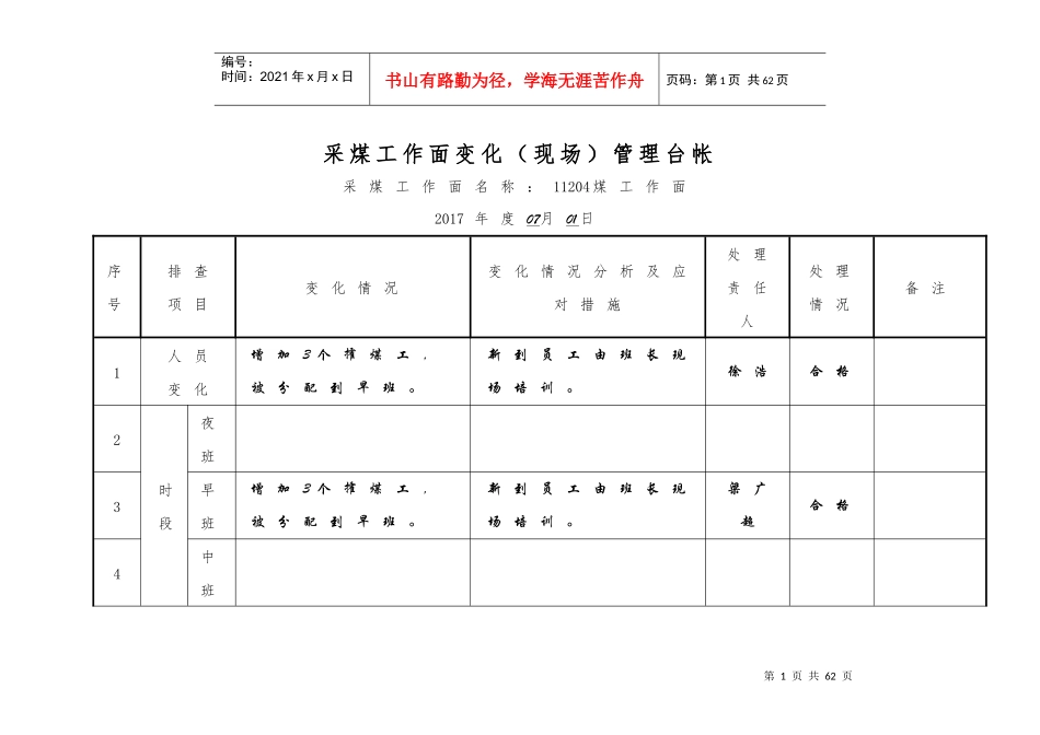 采煤工作面变化现场管理台帐_第1页