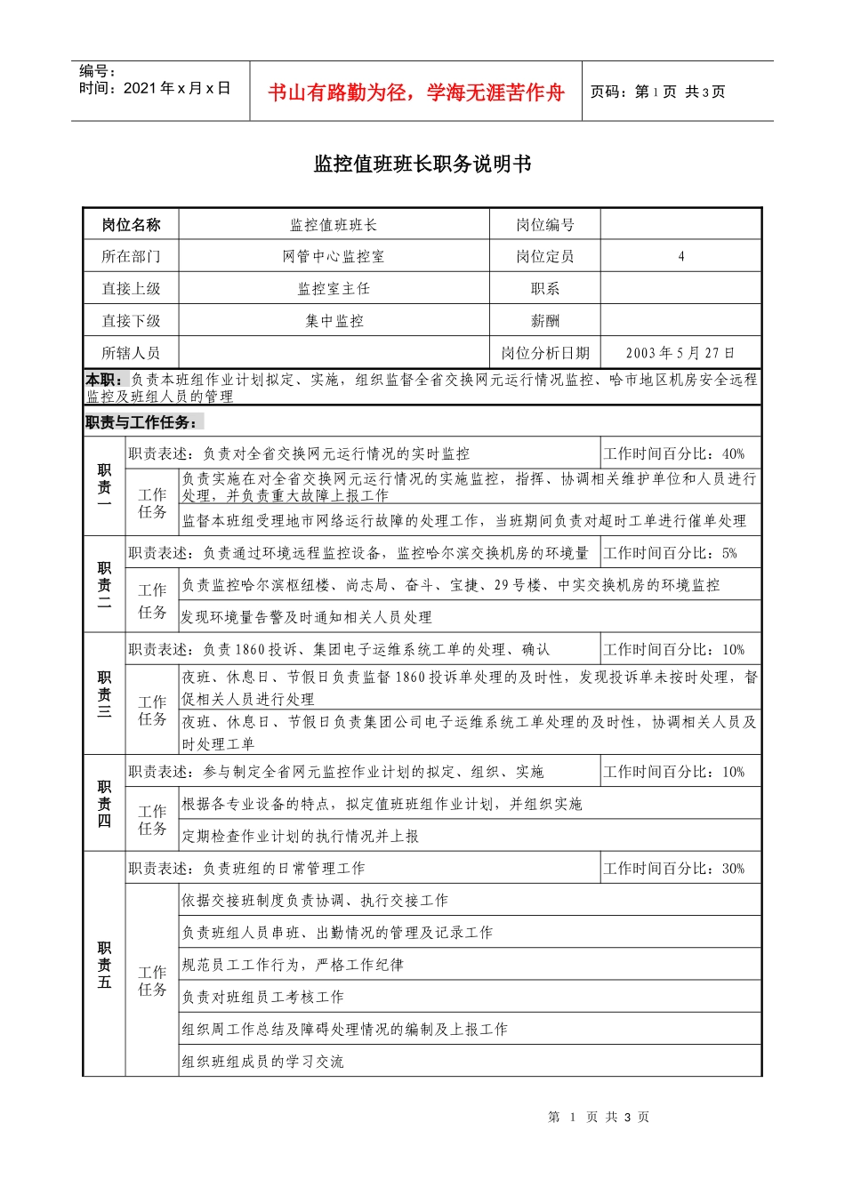 材料行业-网管中心监控室-监控值班班长岗位说明书_第1页