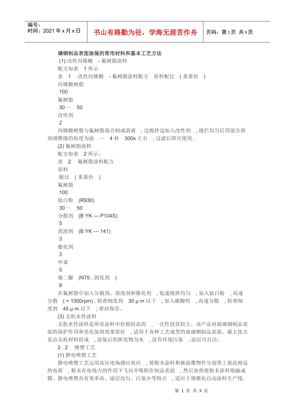 璃钢制品表面涂装的常用材料和基本工艺方法_第1页