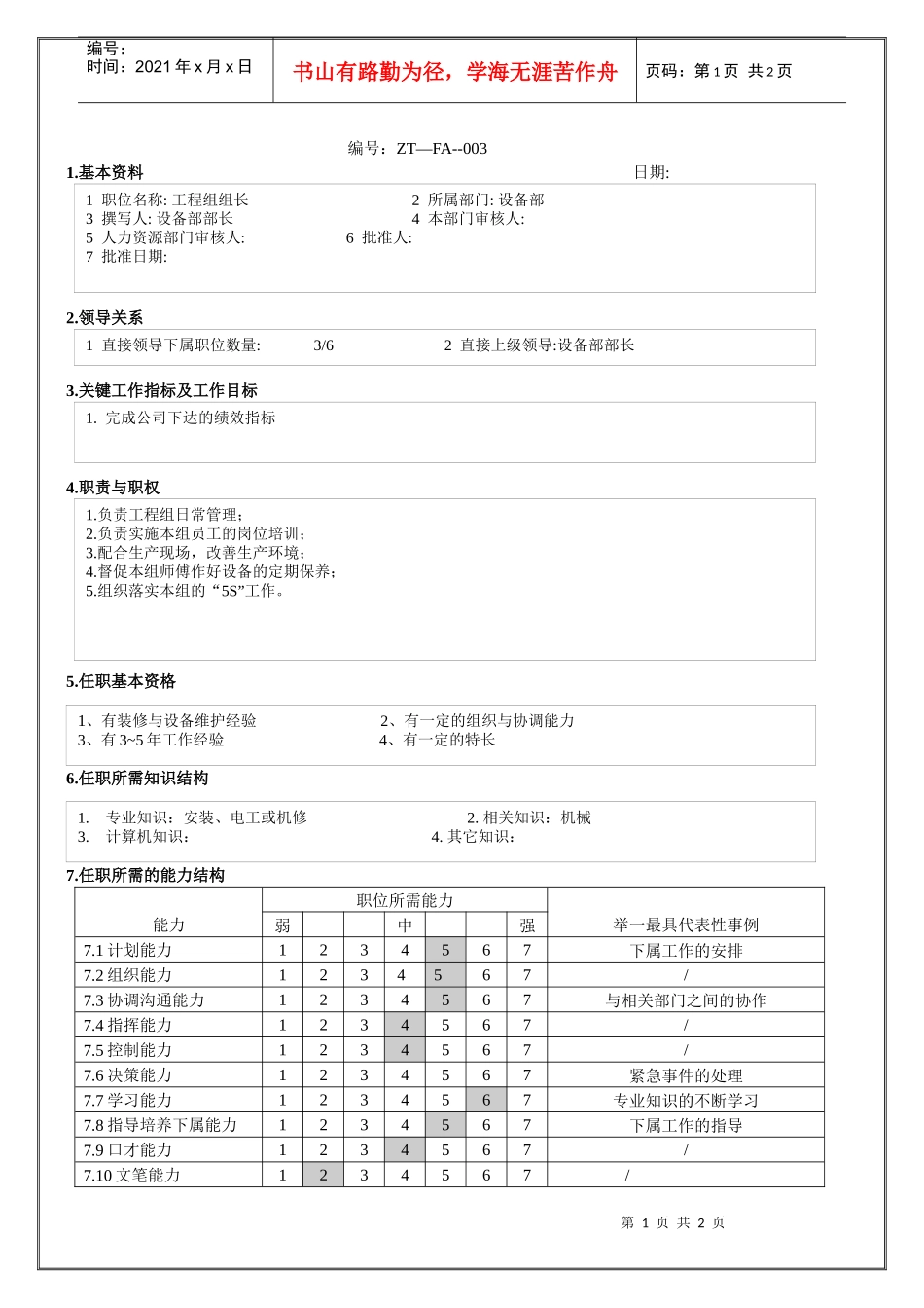 工程组组长职位说明书_第1页