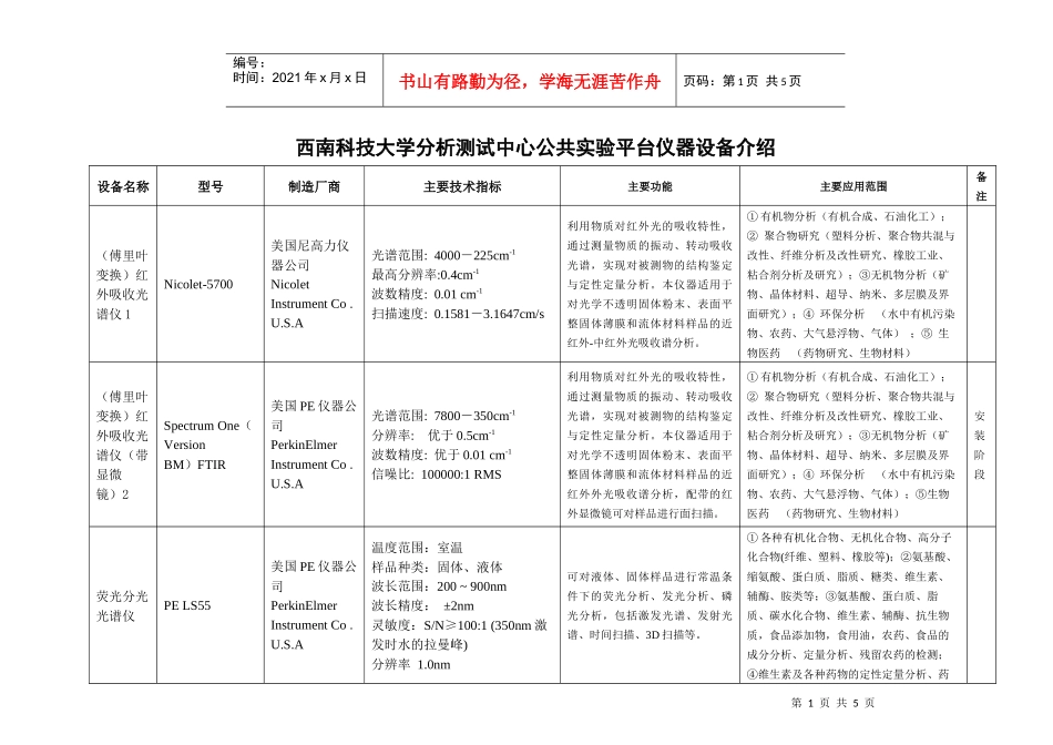 西南科技大学分析测试中心公共实验平台仪器设备介绍_第1页