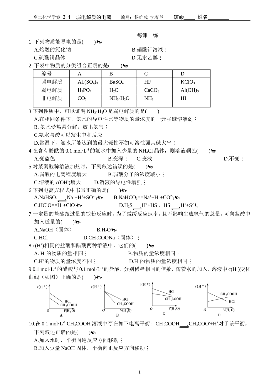 【全国百强校】青海省青海师范大学附属第二中学高中化学人教版选修四31弱电解质的电离练习_第1页