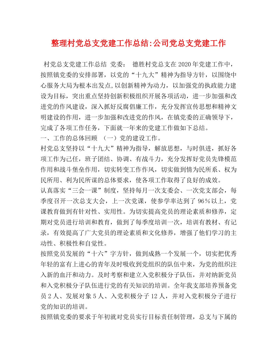 整理村党总支党建工作总结-公司党总支党建工作 _第1页
