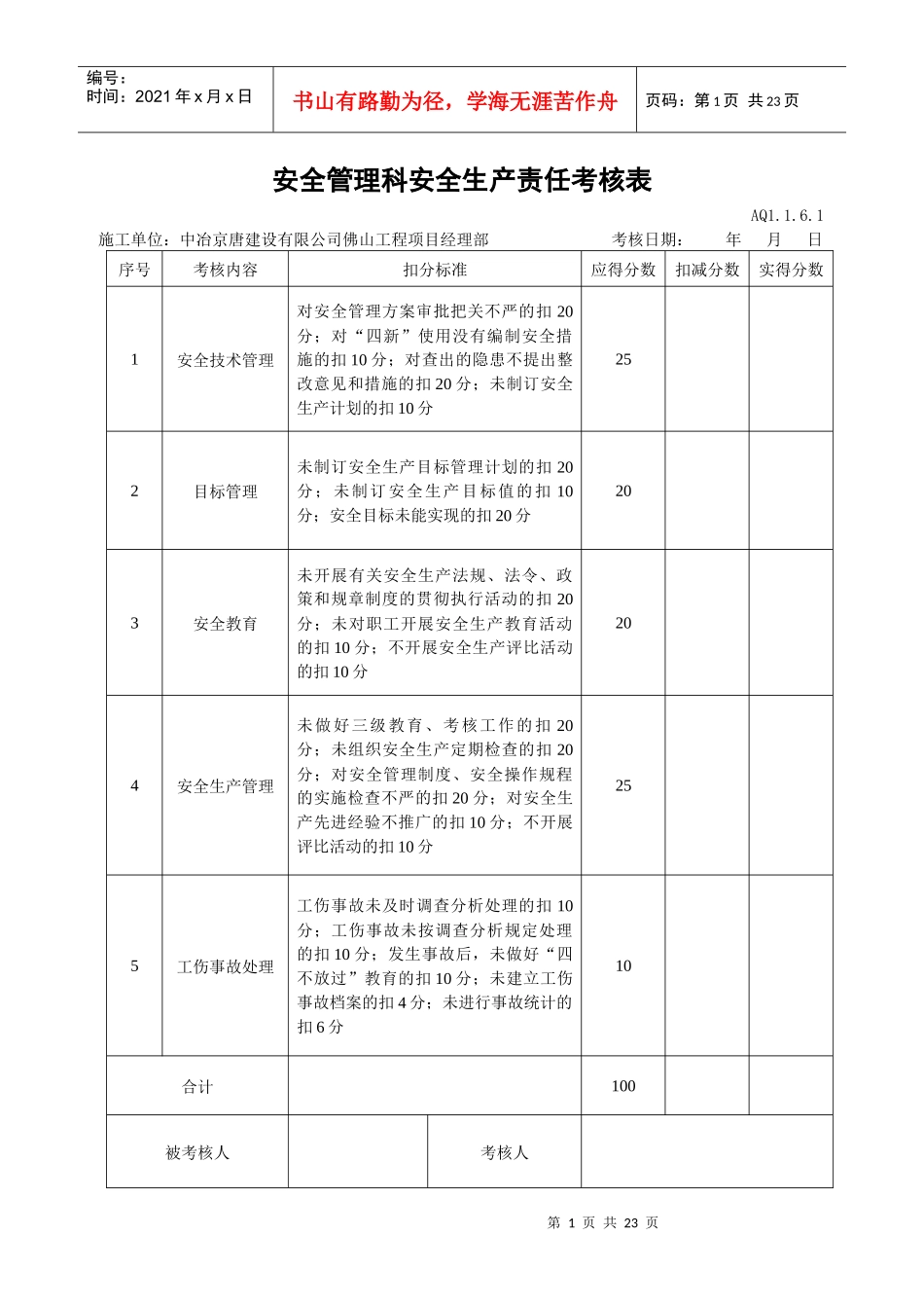 安全管理科安全生产责任考核表_第1页
