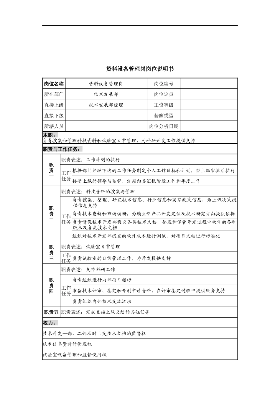 资料设备管理岗岗位说明书_第1页