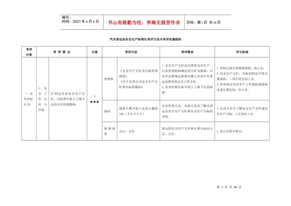 客运站安全生产标准化考评实施细则_生产经营管理_第1页