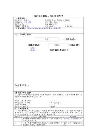 冠东车灯公司注塑车间装模工职位说明书