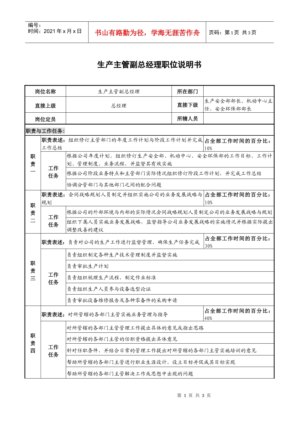 仪器生产企业生产主管副总经理职位说明书_第1页