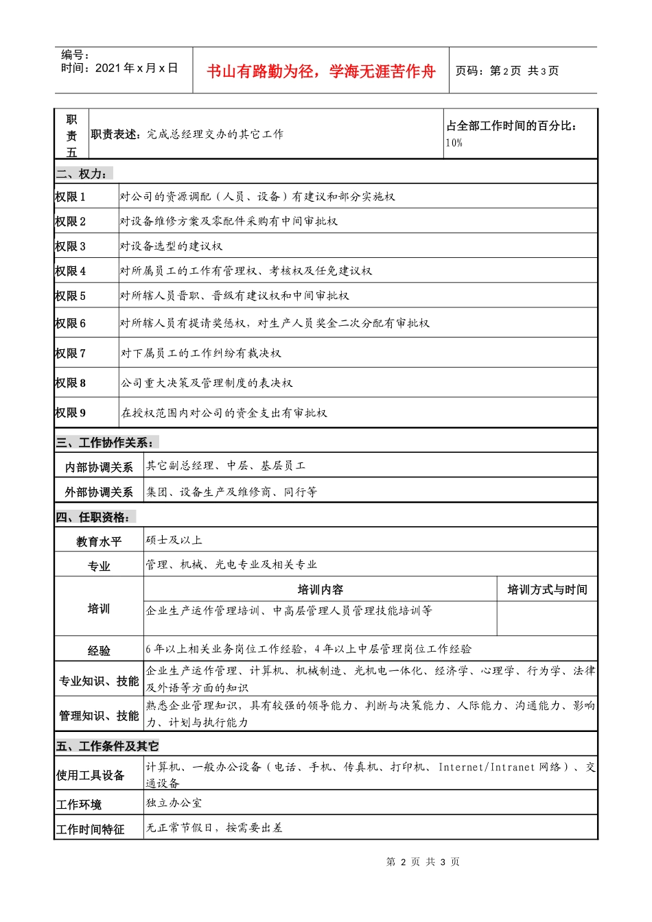 仪器生产企业生产主管副总经理职位说明书_第2页