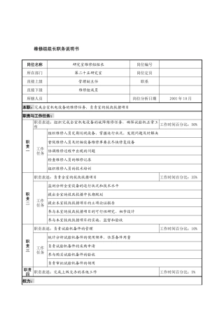 航材院第二十五研究室维修组组长职务说明书