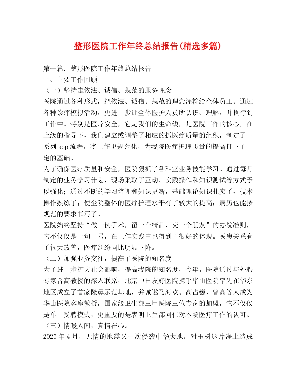 整形医院工作年终总结报告(精选多篇) _第1页