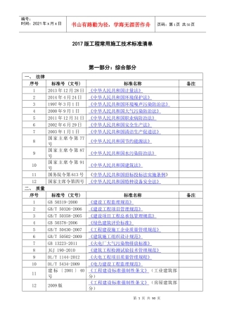 2017版工程常用施工技术标准清单