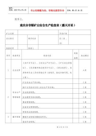 重庆市非煤矿山安全生产执法检查表（地下开采）