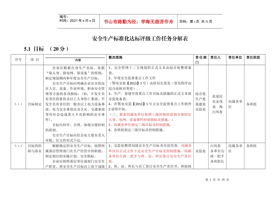 安全生产标准化达标评级工作任务分解表_第1页
