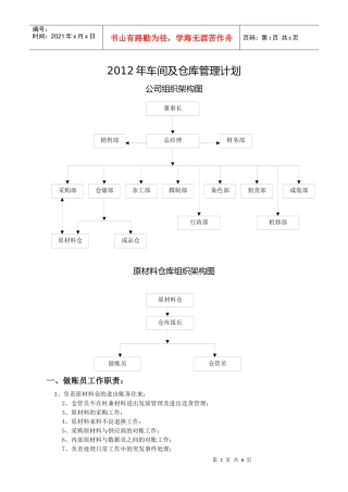 XXXX年车间及仓库管理计划