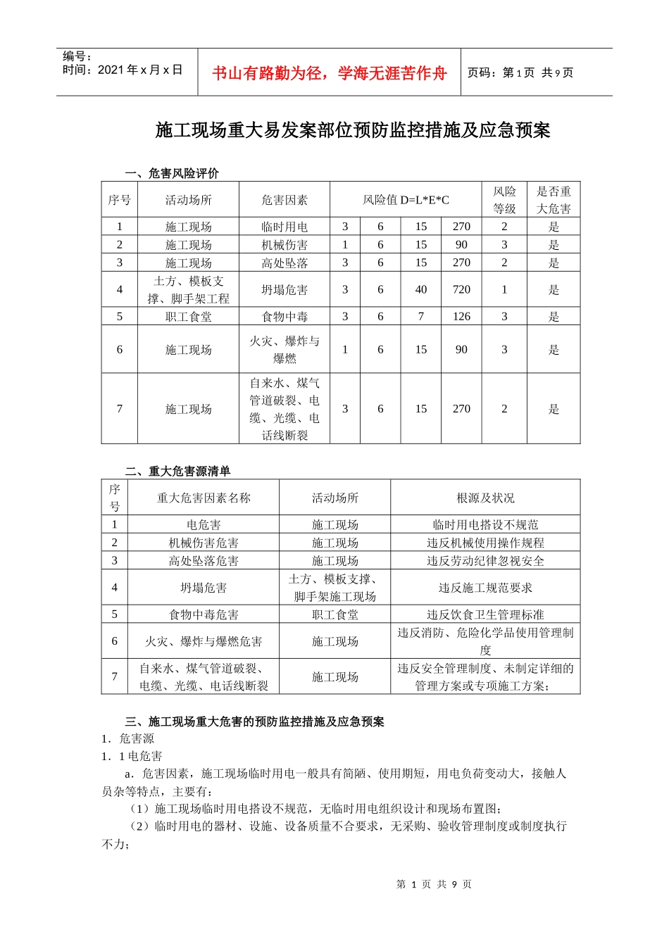 施工现场重大危害因素预防监控措施_第1页