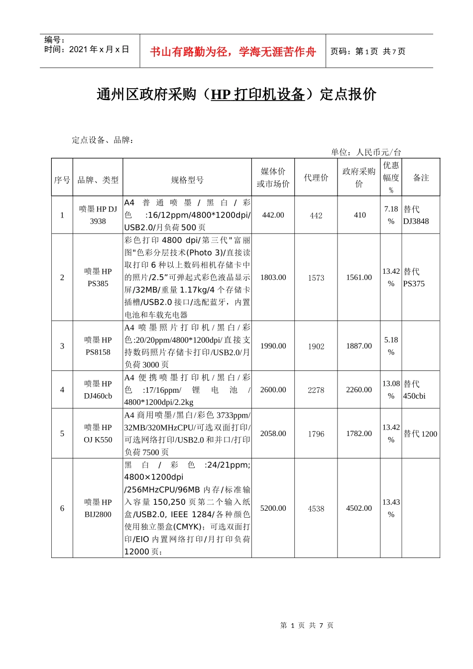 通州区政府采购(HP打印机设备)定点报价_第1页