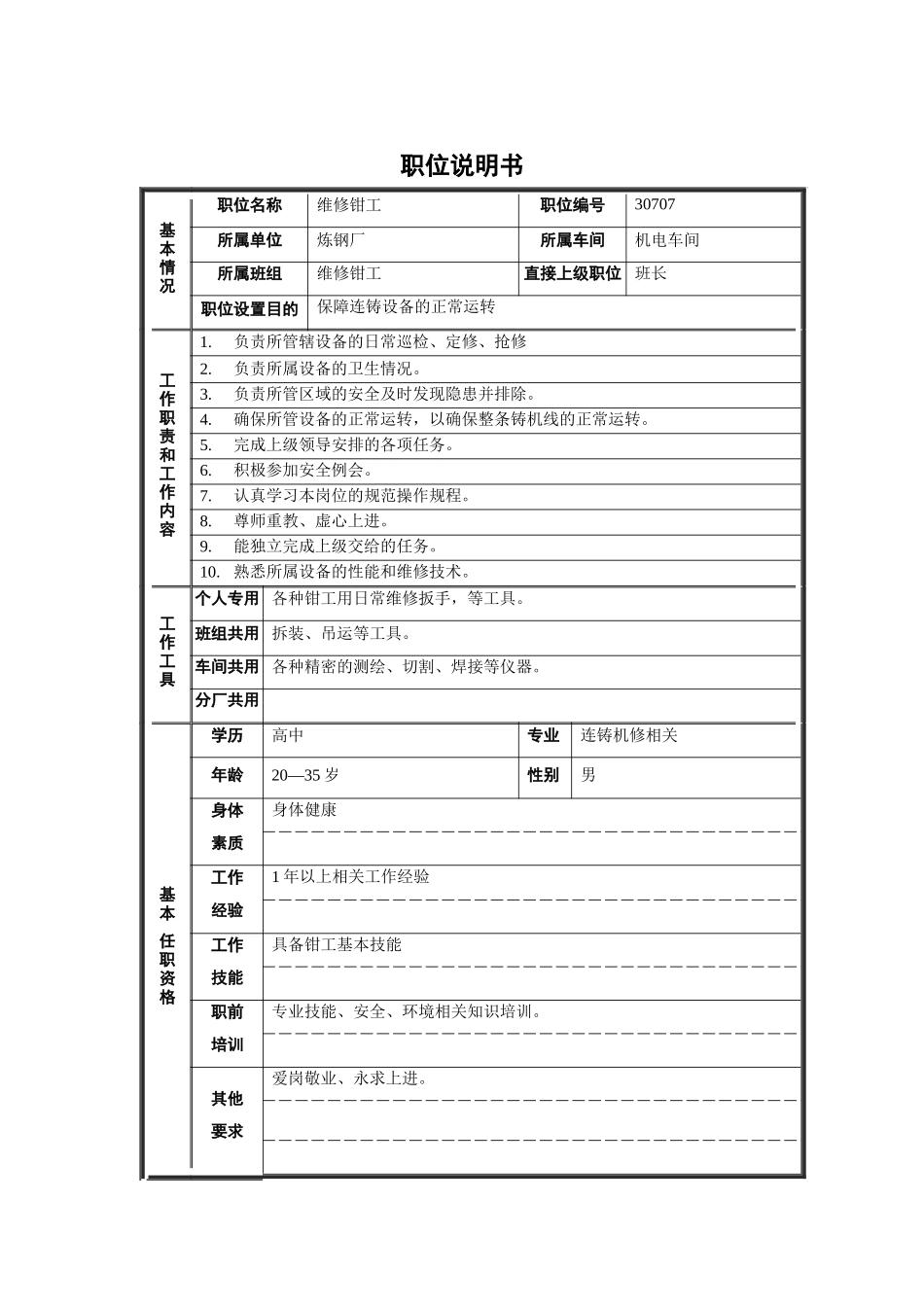 机电车间维修钳工职位说明书_第1页