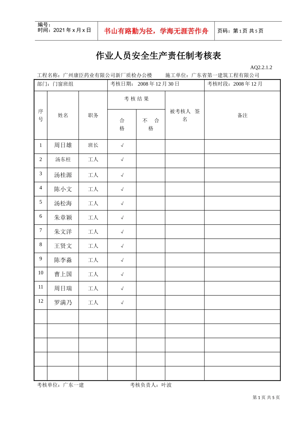 作业人员安全生产责任制考核表（铝窗）(DOC5页)_第1页