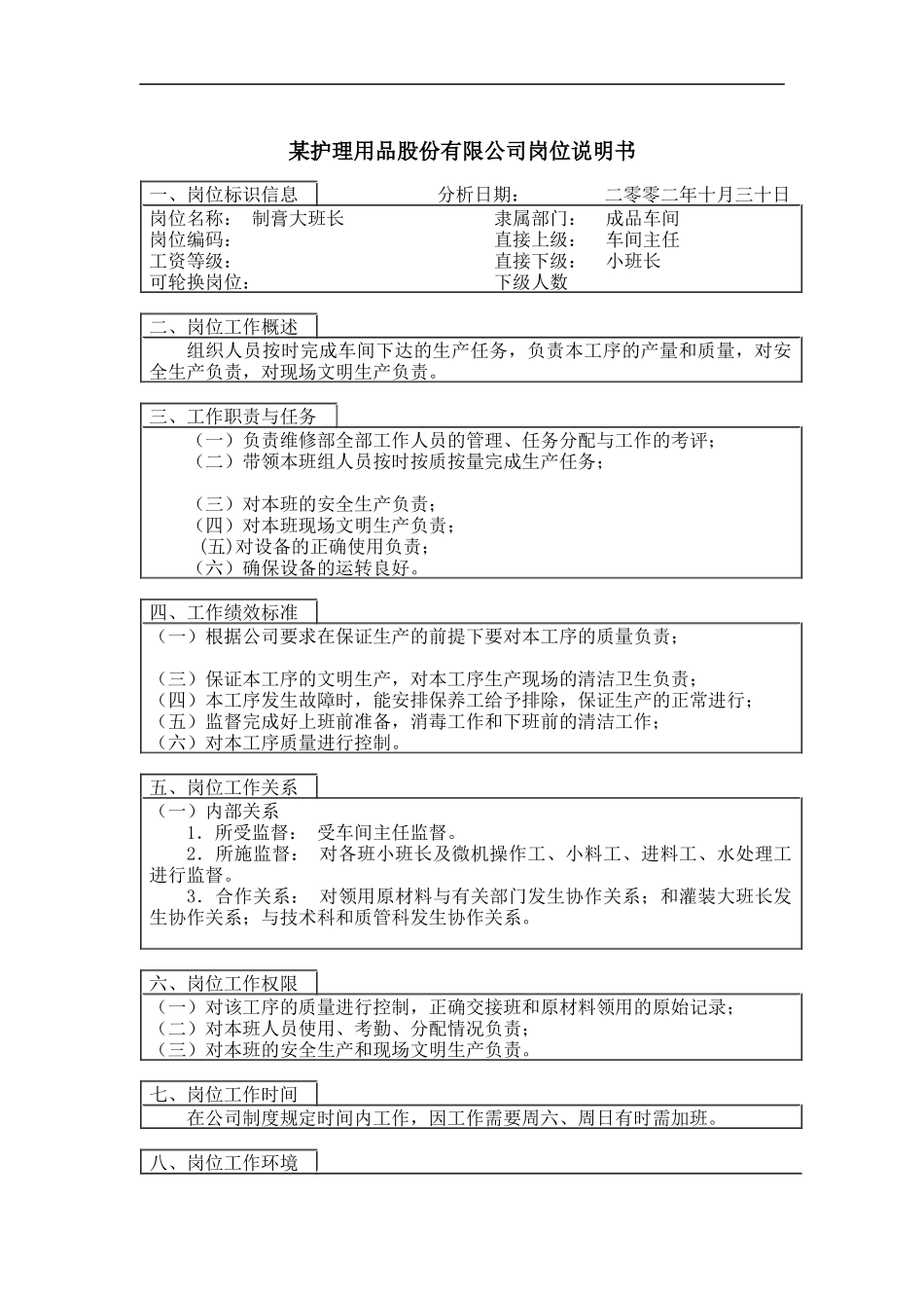 制膏大班长岗位说明书_第1页