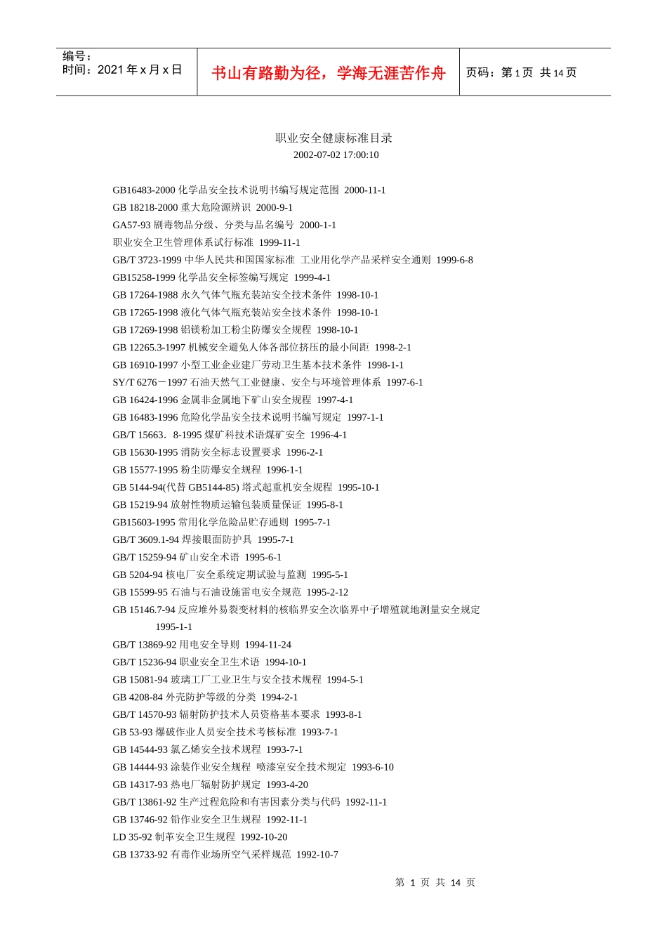 职业安全健康标准目录_第1页