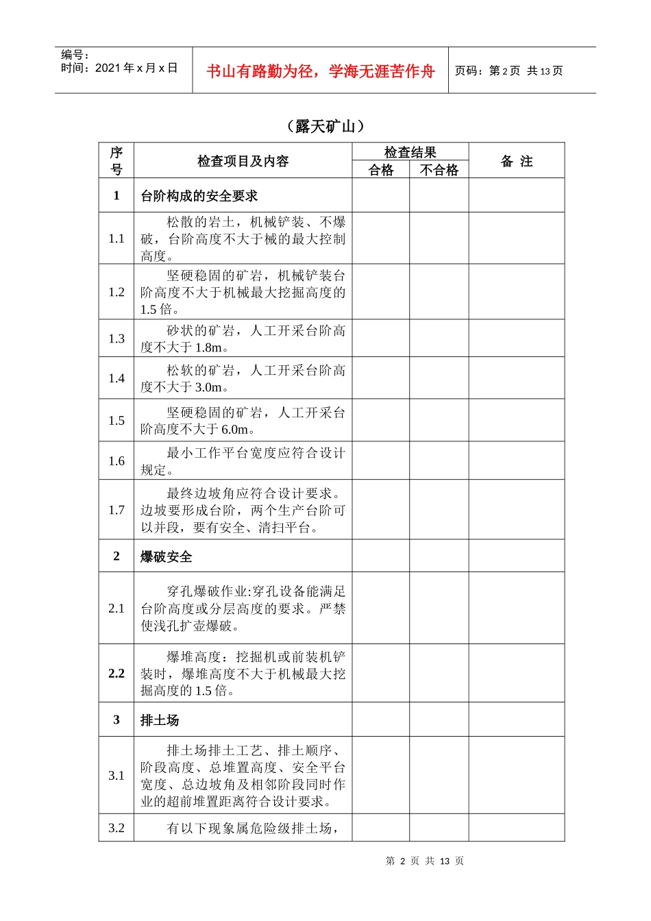 吉林省非煤矿山安全生产现场检查表-吉林省非煤矿山企业安全_第2页