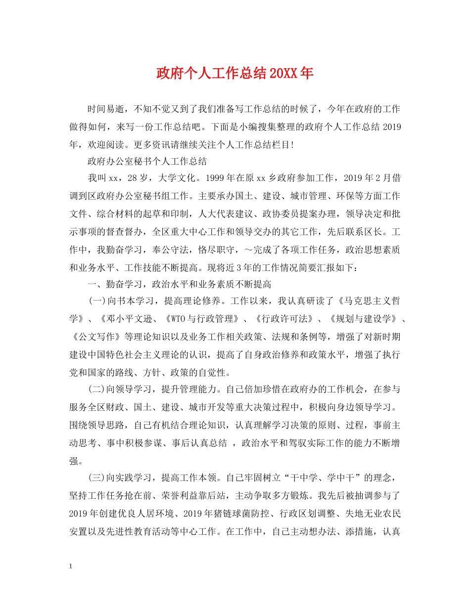 政府个人工作总结20XX年 _第1页