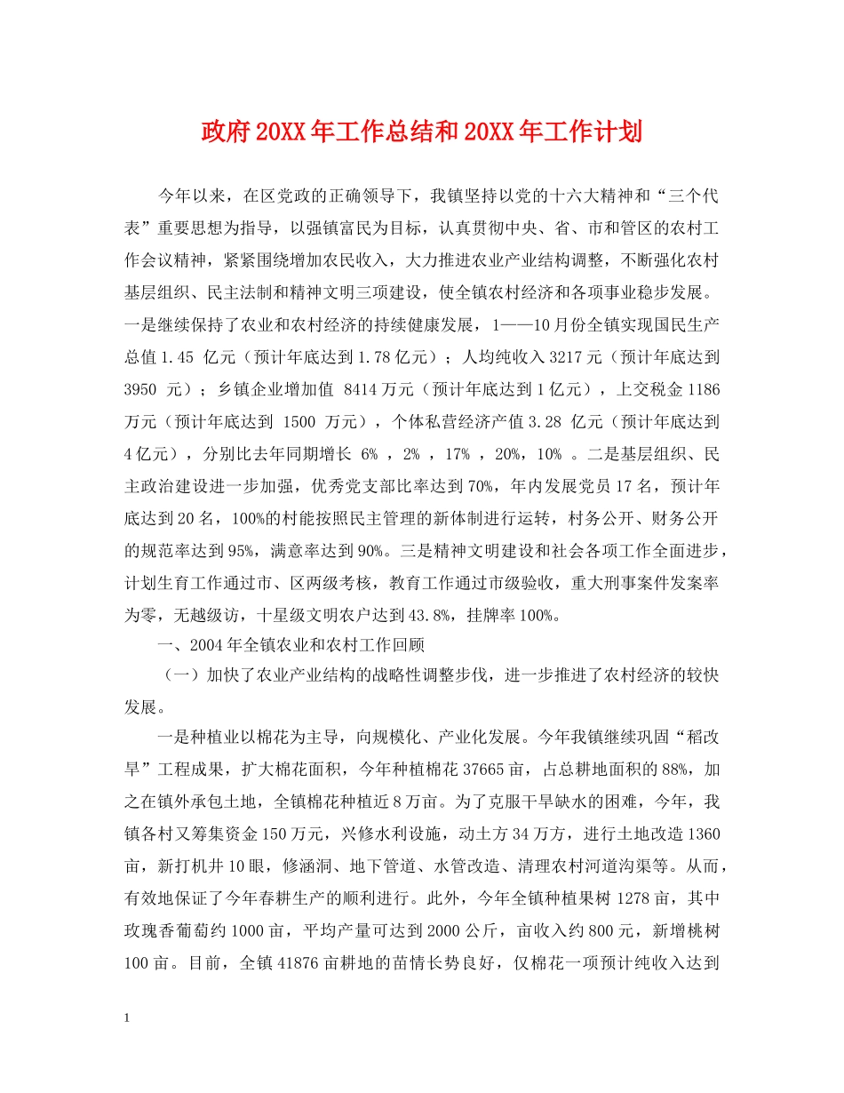 政府20XX年工作总结和20XX年工作计划 _第1页