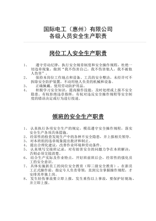 TCL公司各级人员安全生产职责