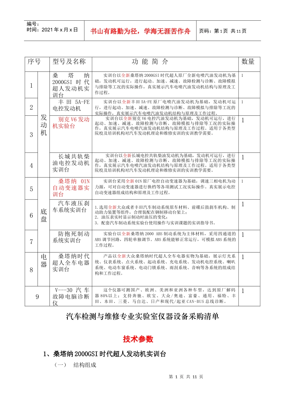 汽车检测与维修专业实验室仪器设备采购清单_第1页