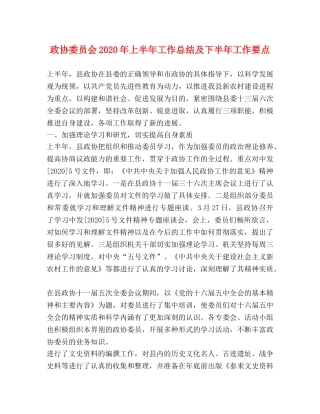 政协委员会2020年上半年工作总结及下半年工作要点 