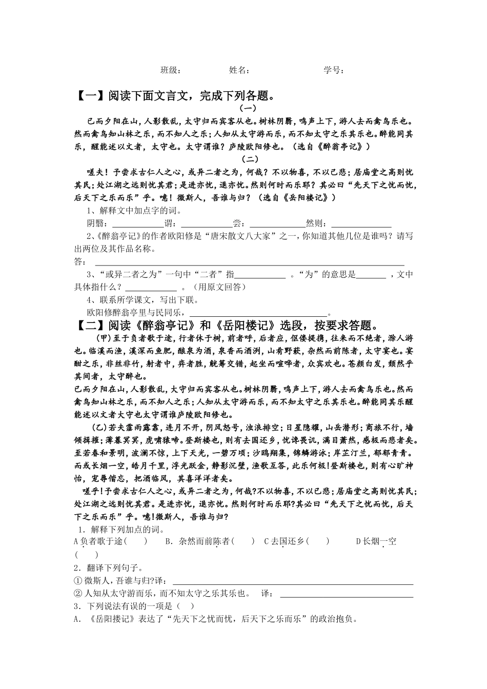 岳阳楼记醉翁亭记对比阅读练习题_第3页