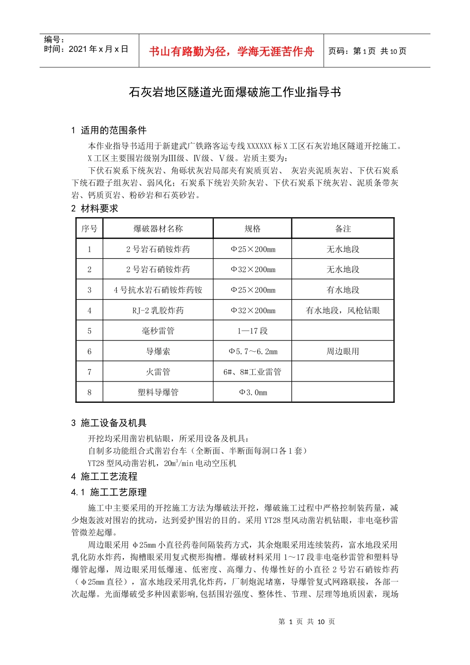 石灰岩地区隧道光面爆破施工作业指导书_第1页