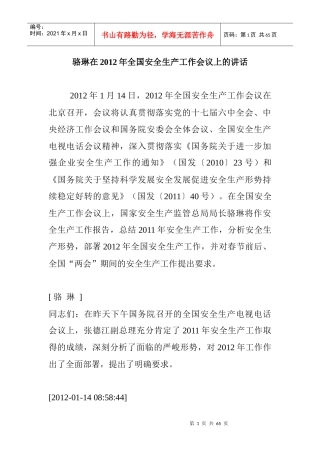 骆琳在XXXX年全国安全生产工作会议上的讲话